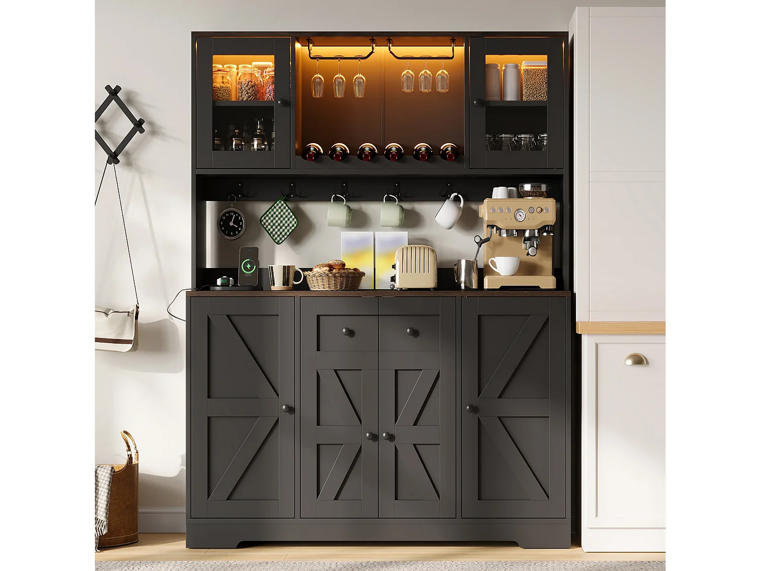 Buffetkast voor de keuken 140x40x173cm - met 6 deuren - met LED-verlichting en stopcontact - wijnrekken en wijnglashouders - Zwart