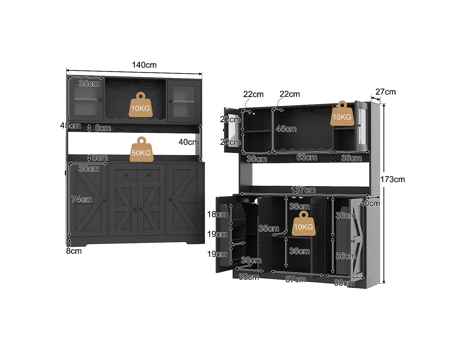 Buffetkast voor de keuken 140x40x173cm - met 6 deuren - met LED-verlichting en stopcontact - wijnrekken en wijnglashouders - Zwart