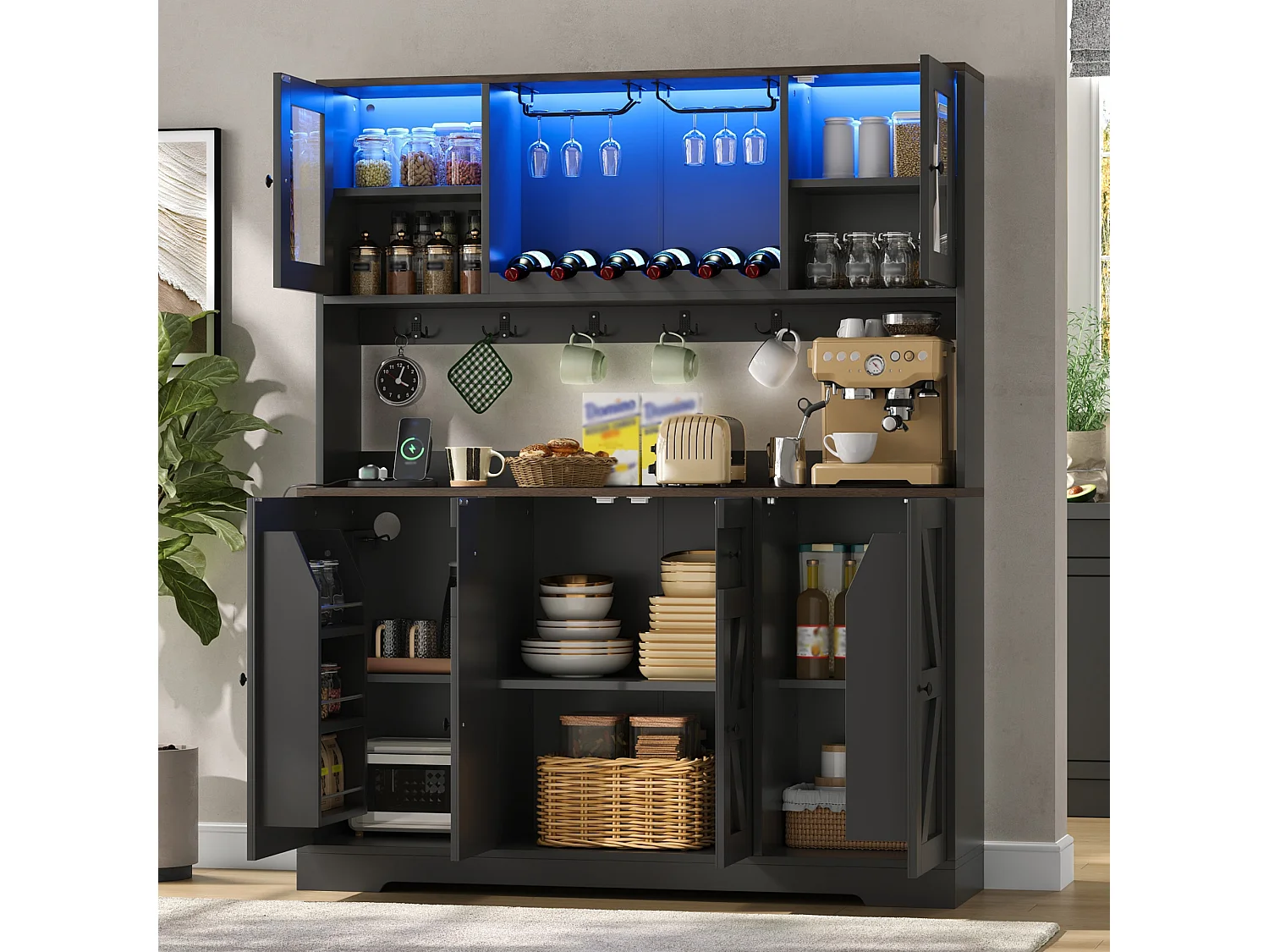 Buffetkast voor de keuken 140x40x173cm - met 6 deuren - met LED-verlichting en stopcontact - wijnrekken en wijnglashouders - Zwart