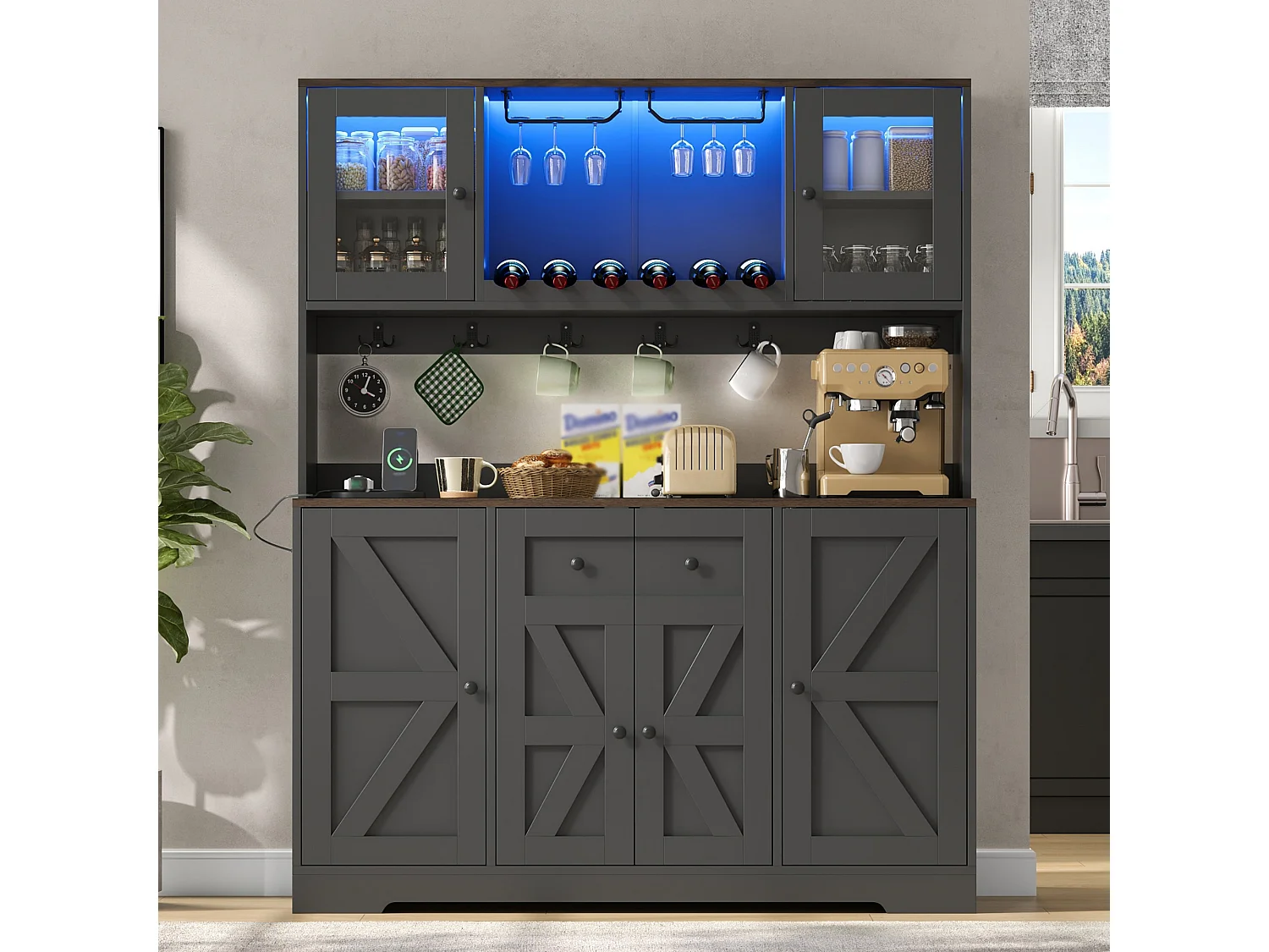 Buffetkast voor de keuken 140x40x173cm - met 6 deuren - met LED-verlichting en stopcontact - wijnrekken en wijnglashouders - Zwart