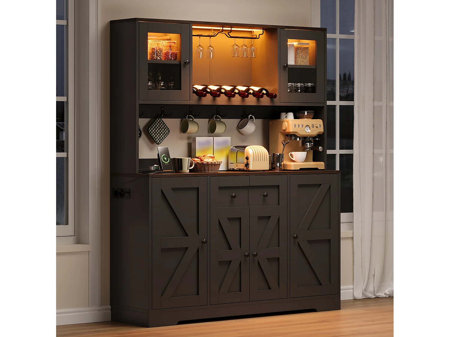Buffetkast voor de keuken 140x40x173cm - met 6 deuren - met LED-verlichting en stopcontact - wijnrekken en wijnglashouders - Zwart