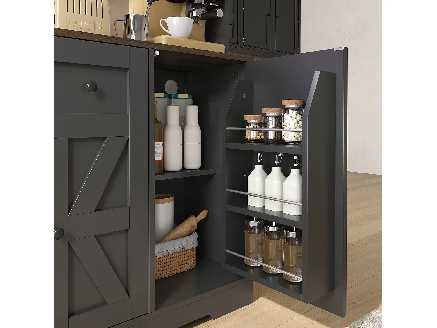 Buffetkast voor de keuken 140x40x173cm - met 6 deuren - met LED-verlichting en stopcontact - wijnrekken en wijnglashouders - Zwart