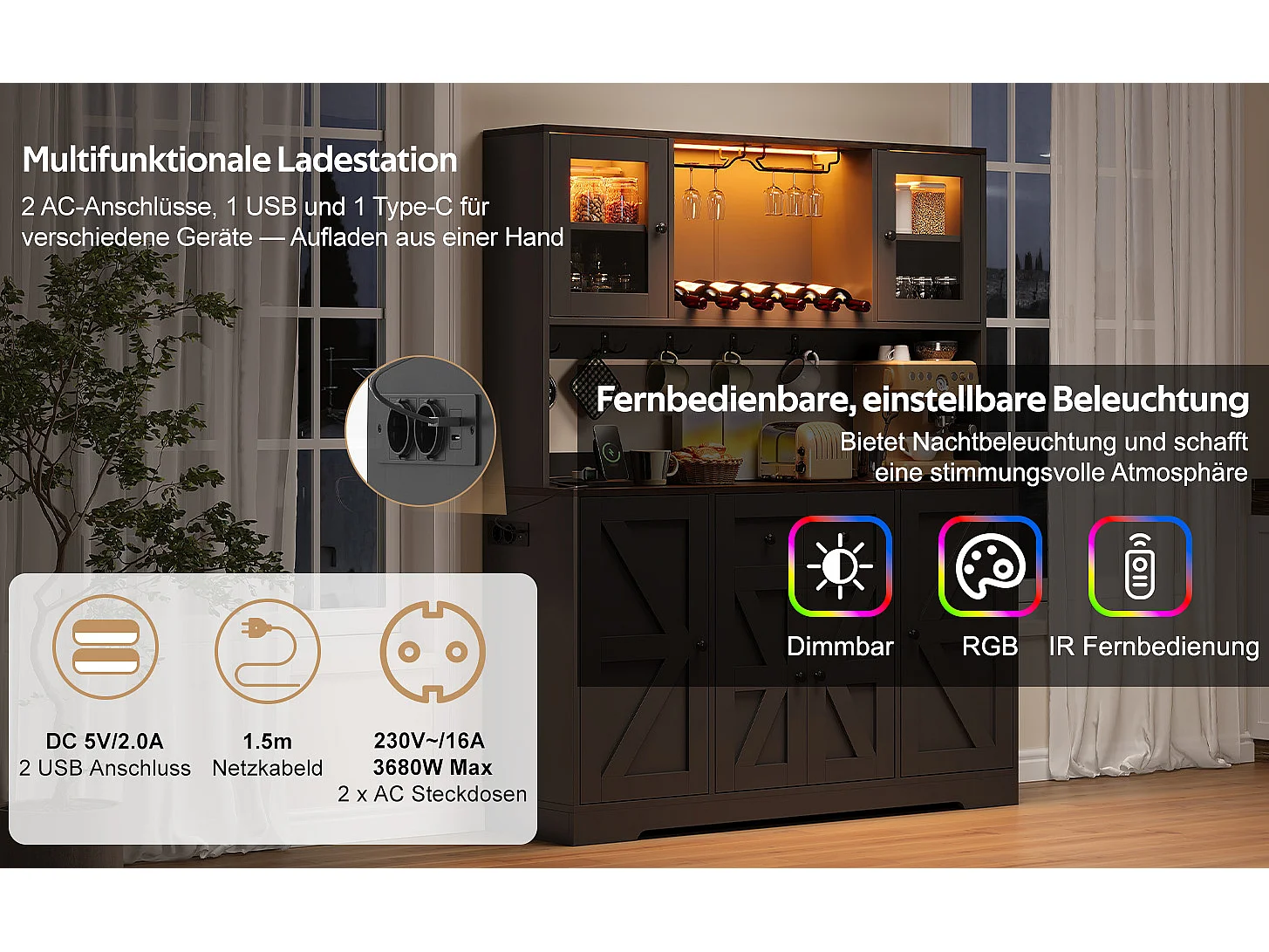 Buffetkast voor de keuken 140x40x173cm - met 6 deuren - met LED-verlichting en stopcontact - wijnrekken en wijnglashouders - Zwart