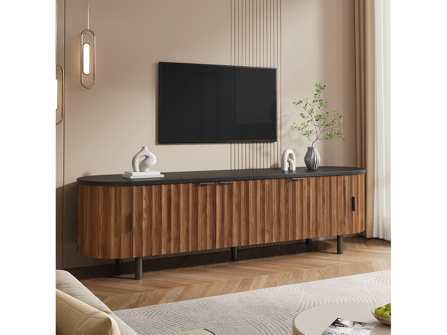 Modernes TV-Möbel 170x40x47 cm - 5 Türen - Vertikale Reliefplatten - Metallfüße und -griffe - MDF - Braun