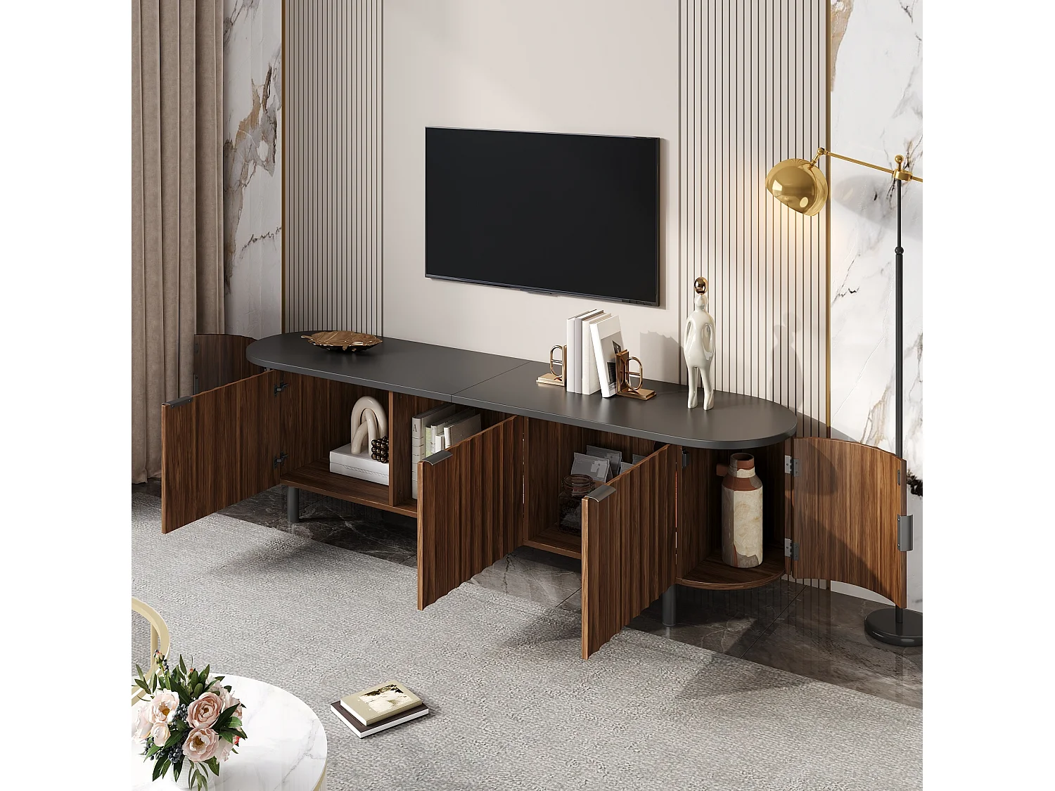 Modernes TV-Möbel 170x40x47 cm - 5 Türen - Vertikale Reliefplatten - Metallfüße und -griffe - MDF - Braun