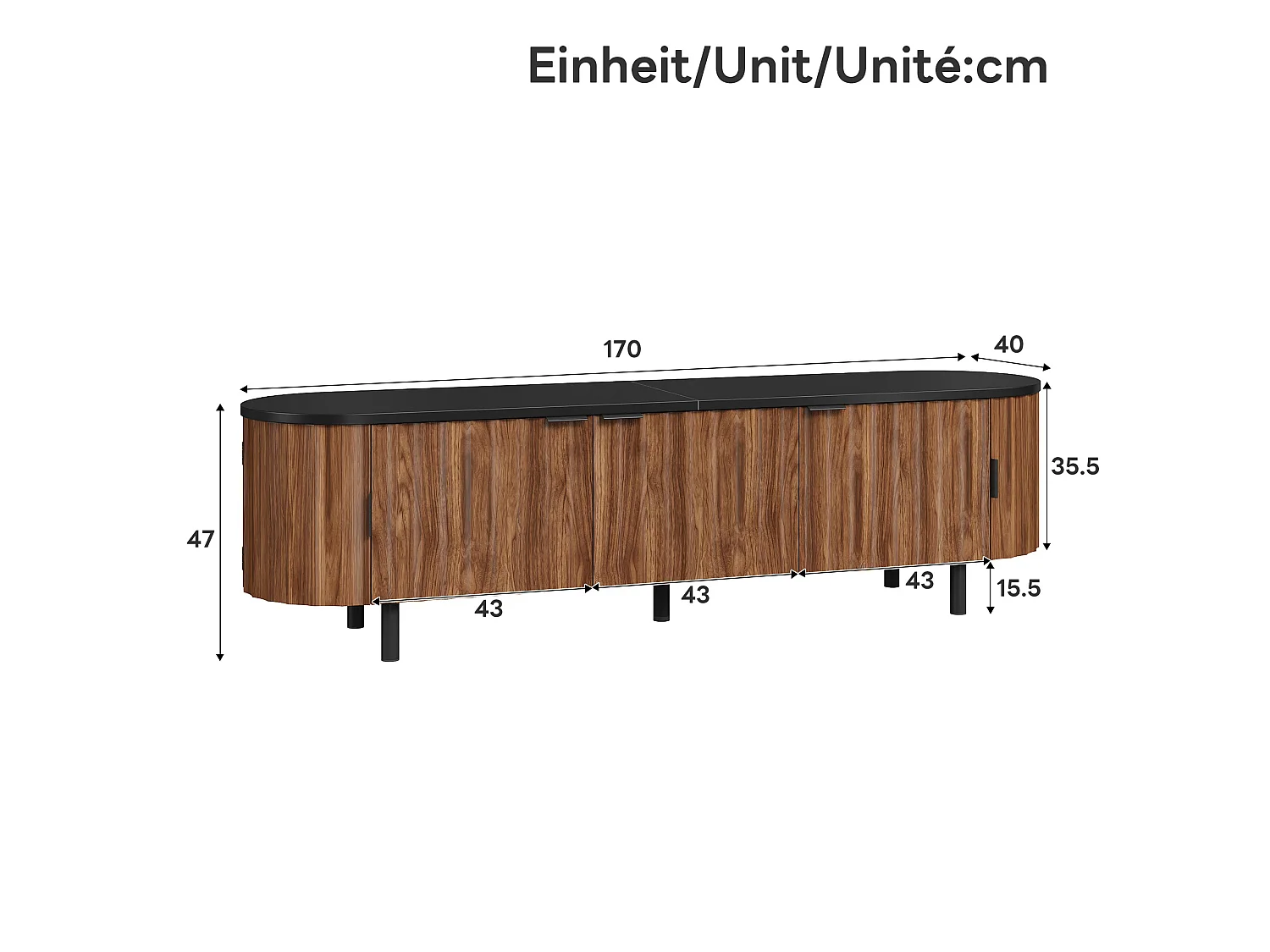 Modernes TV-Möbel 170x40x47 cm - 5 Türen - Vertikale Reliefplatten - Metallfüße und -griffe - MDF - Braun