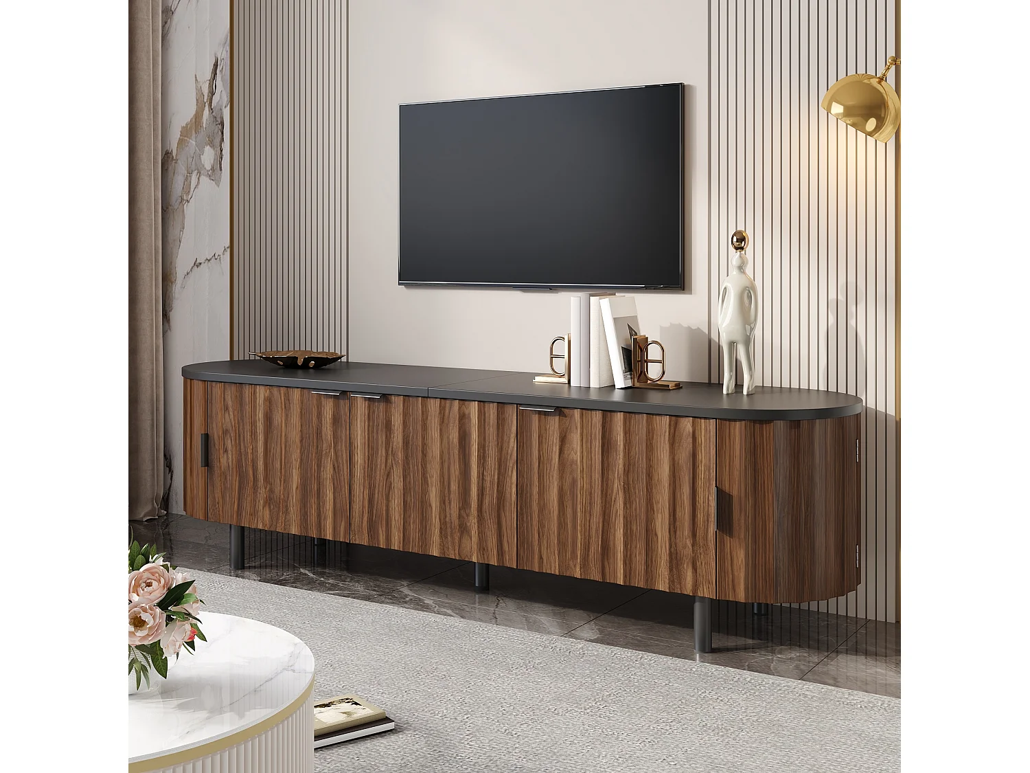 Modernes TV-Möbel 170x40x47 cm - 5 Türen - Vertikale Reliefplatten - Metallfüße und -griffe - MDF - Braun