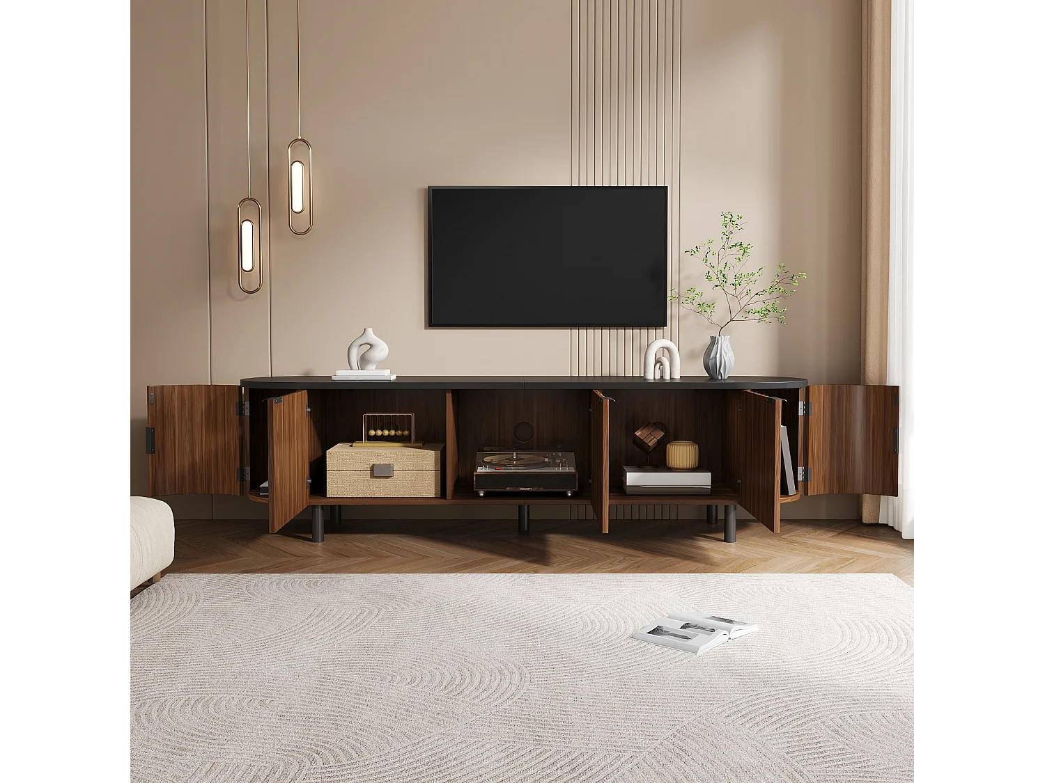 Modernes TV-Möbel 170x40x47 cm - 5 Türen - Vertikale Reliefplatten - Metallfüße und -griffe - MDF - Braun
