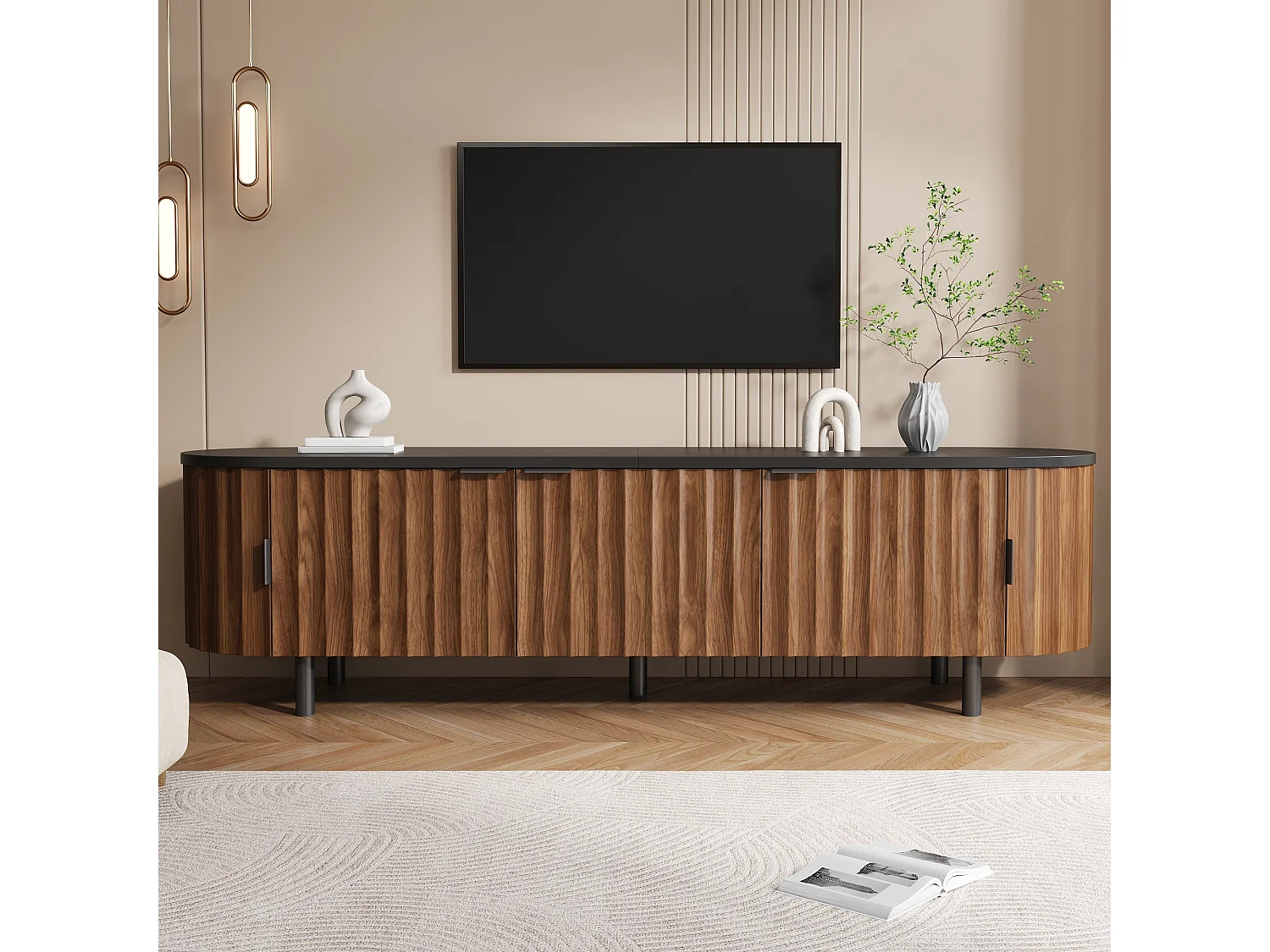 Modernes TV-Möbel 170x40x47 cm - 5 Türen - Vertikale Reliefplatten - Metallfüße und -griffe - MDF - Braun