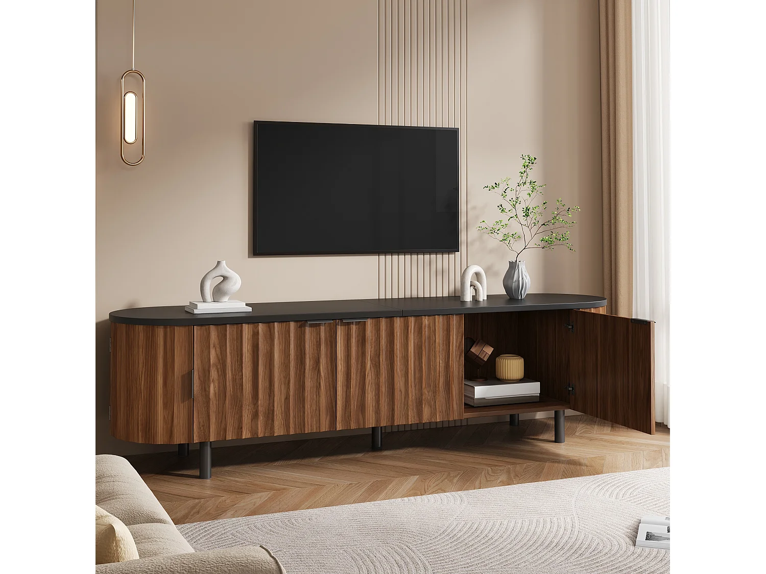 Modernes TV-Möbel 170x40x47 cm - 5 Türen - Vertikale Reliefplatten - Metallfüße und -griffe - MDF - Braun