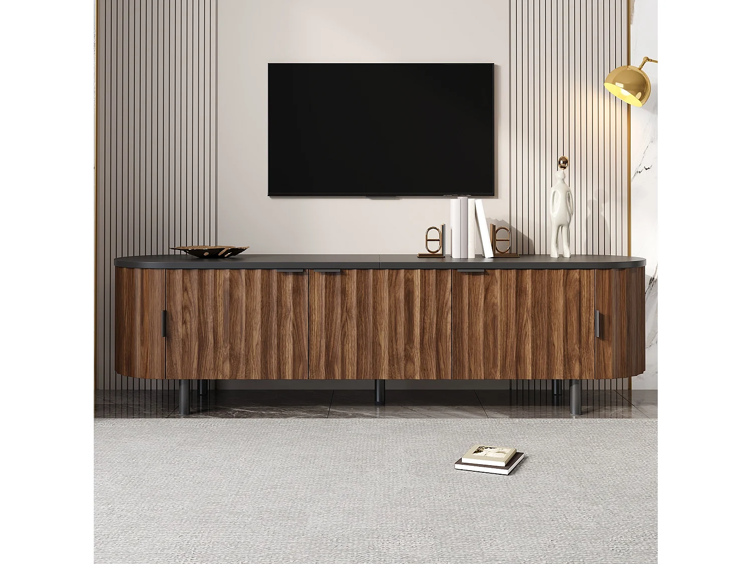 Modernes TV-Möbel 170x40x47 cm - 5 Türen - Vertikale Reliefplatten - Metallfüße und -griffe - MDF - Braun