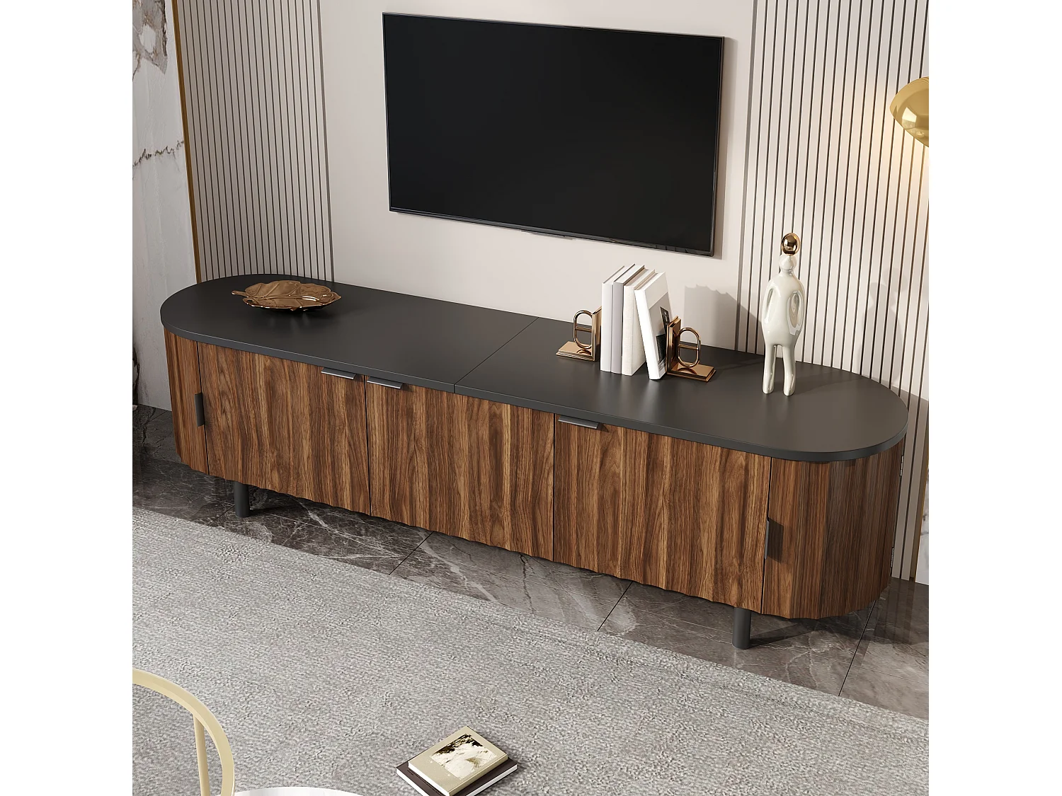 Modernes TV-Möbel 170x40x47 cm - 5 Türen - Vertikale Reliefplatten - Metallfüße und -griffe - MDF - Braun
