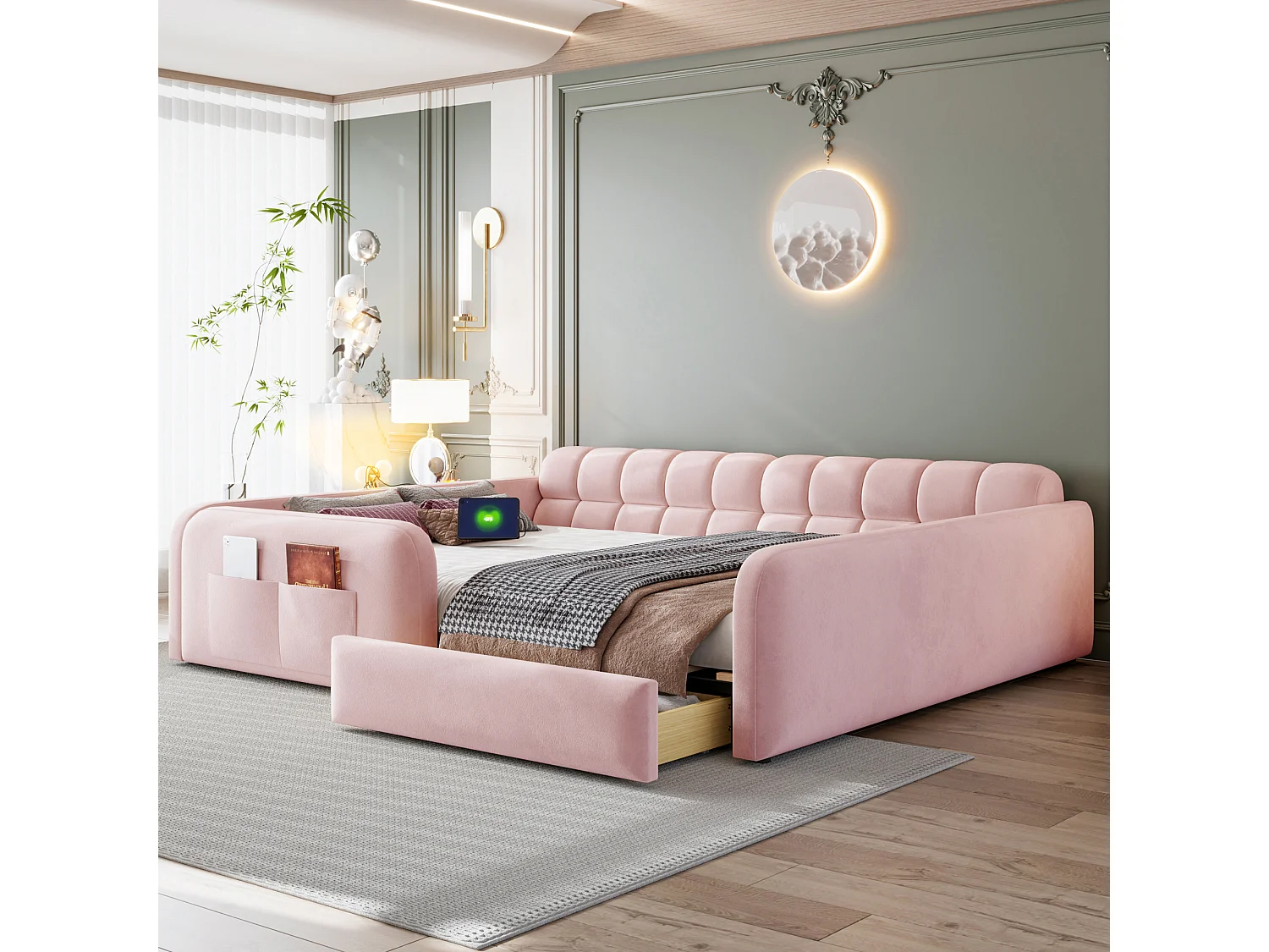 Lit rembourré pour enfant 140 x 200 cm – avec 1 tiroir – avec veilleuse – Rose (matelas non inclus)