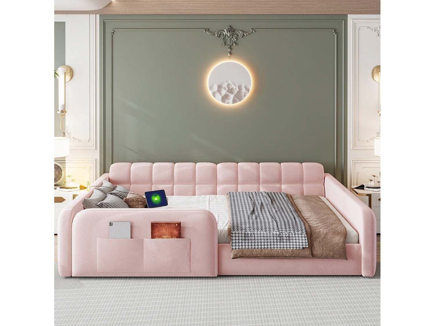 Lit rembourré pour enfant 140 x 200 cm – avec 1 tiroir – avec veilleuse – Rose (matelas non inclus)