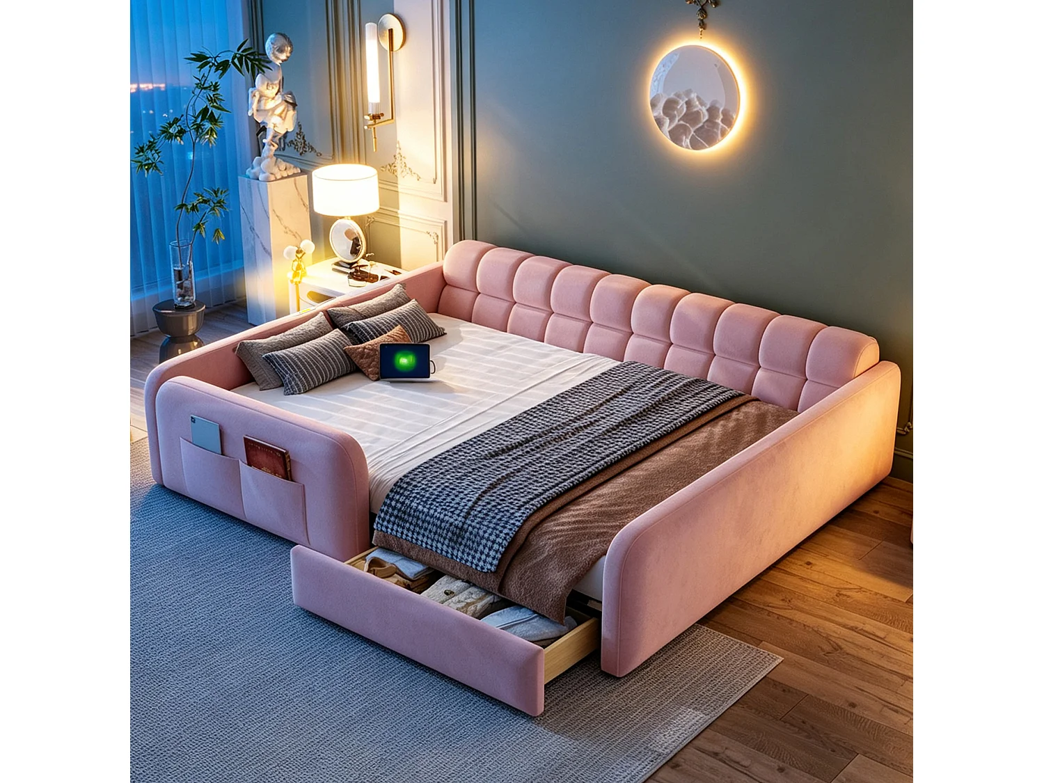 Lit rembourré pour enfant 140 x 200 cm – avec 1 tiroir – avec veilleuse – Rose (matelas non inclus)
