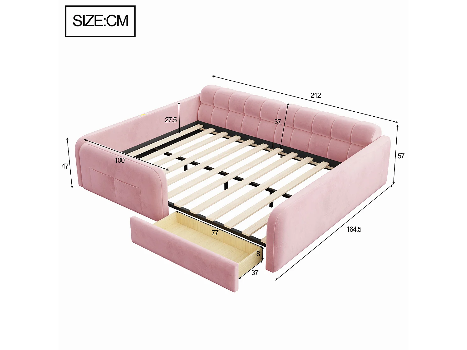 Lit rembourré pour enfant 140 x 200 cm – avec 1 tiroir – avec veilleuse – Rose (matelas non inclus)