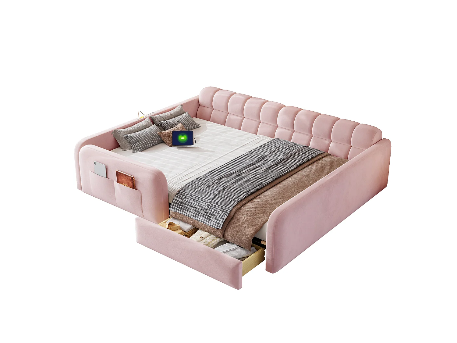 Lit rembourré pour enfant 140 x 200 cm – avec 1 tiroir – avec veilleuse – Rose (matelas non inclus)