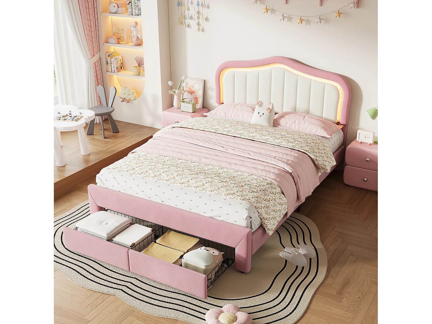 Lit rembourré pour enfants 140x200cm - avec 2 tiroirs - avec éclairage LED - tissu velours - Rose (sans matelas)