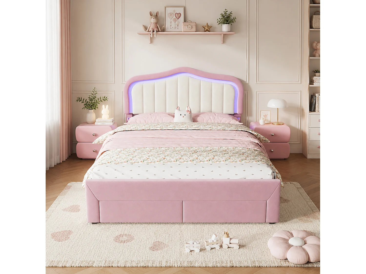 Lit rembourré pour enfants 140x200cm - avec 2 tiroirs - avec éclairage LED - tissu velours - Rose (sans matelas)