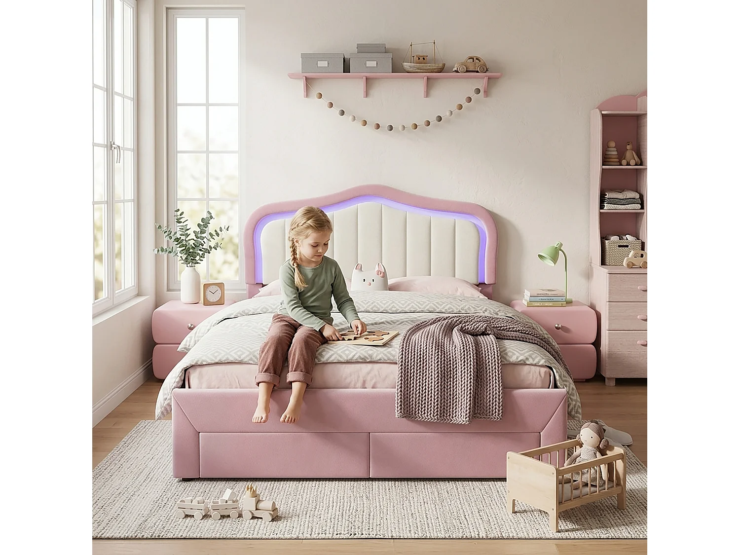 Lit rembourré pour enfants 140x200cm - avec 2 tiroirs - avec éclairage LED - tissu velours - Rose (sans matelas)