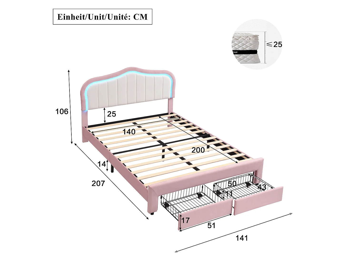Lit rembourré pour enfants 140x200cm - avec 2 tiroirs - avec éclairage LED - tissu velours - Rose (sans matelas)
