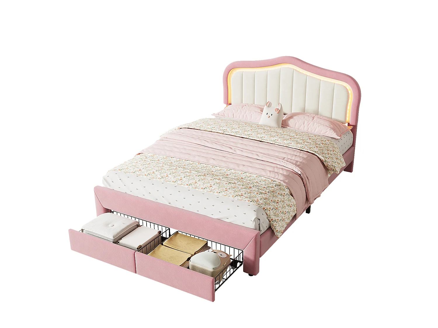 Lit rembourré pour enfants 140x200cm - avec 2 tiroirs - avec éclairage LED - tissu velours - Rose (sans matelas)