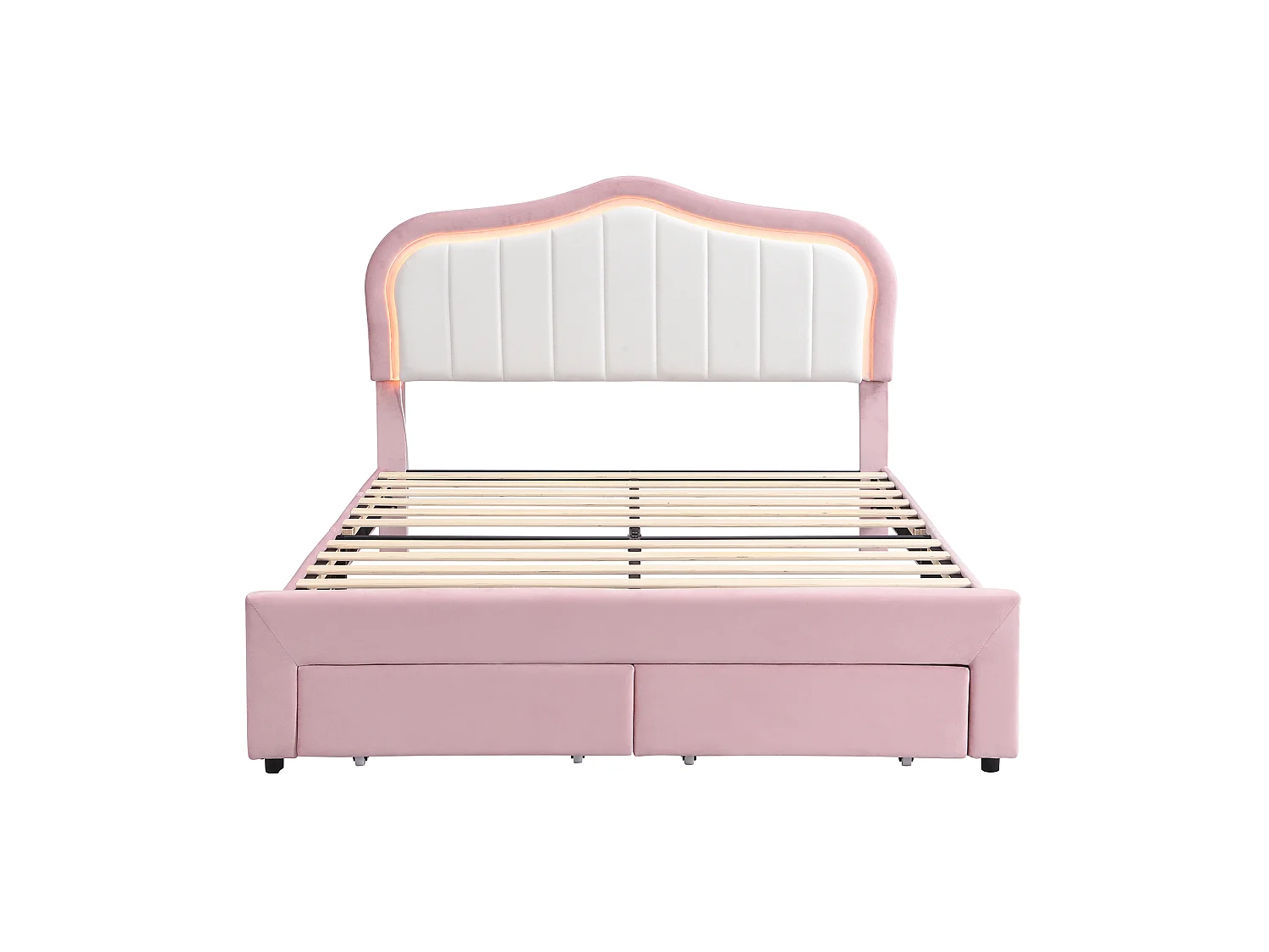 Lit rembourré pour enfants 140x200cm - avec 2 tiroirs - avec éclairage LED - tissu velours - Rose (sans matelas)