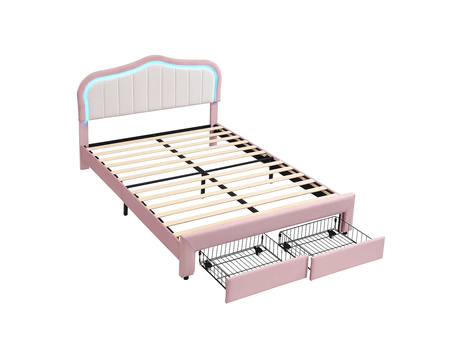 Lit rembourré pour enfants 140x200cm - avec 2 tiroirs - avec éclairage LED - tissu velours - Rose (sans matelas)