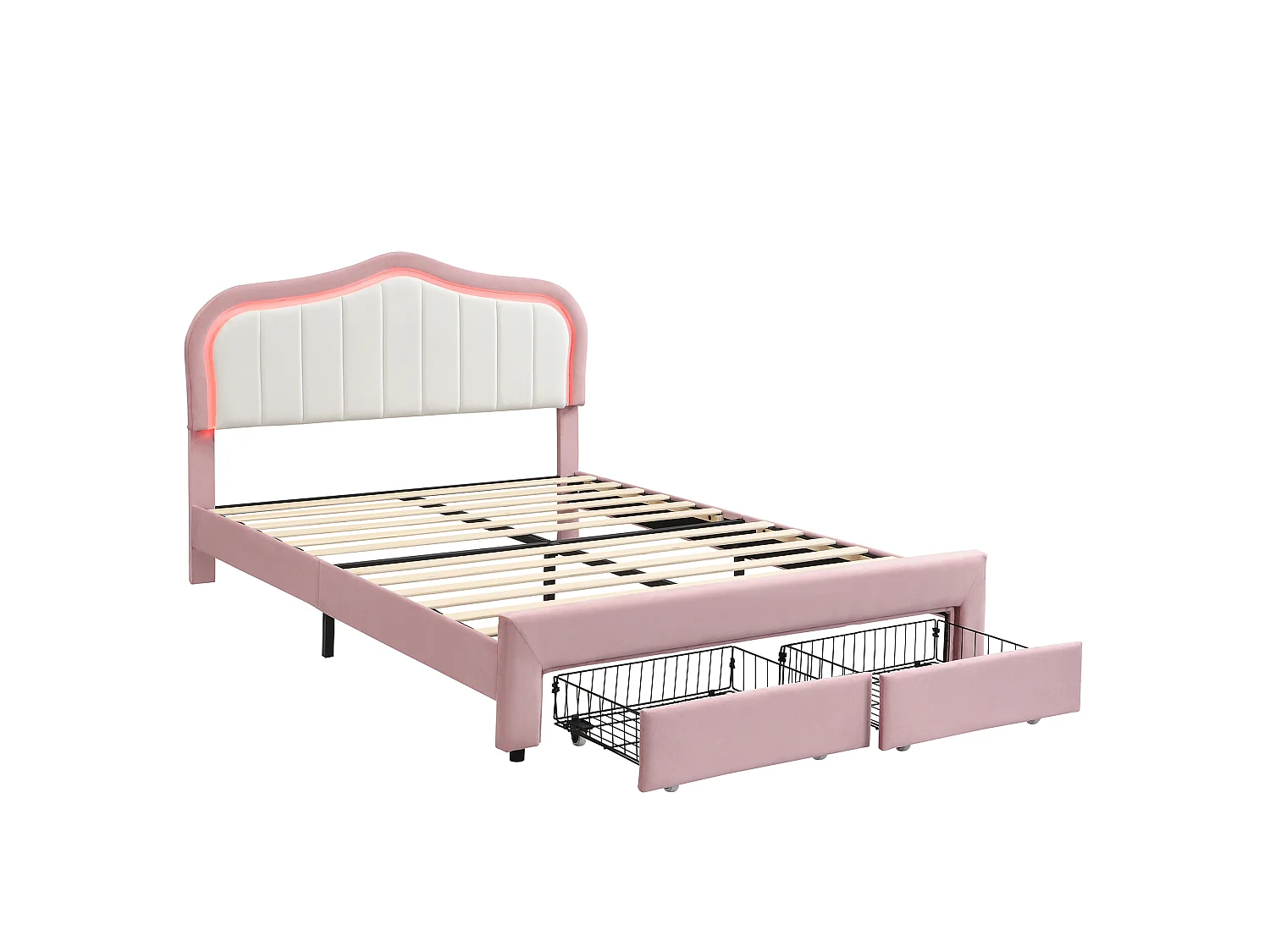 Lit rembourré pour enfants 140x200cm - avec 2 tiroirs - avec éclairage LED - tissu velours - Rose (sans matelas)