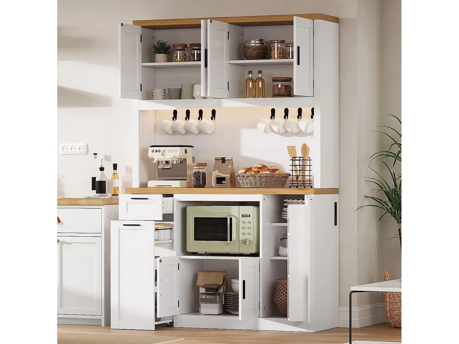 Küchenbuffet 120x40x182cm – mit 7 Türen und 2 Schubladen – mit LED-Beleuchtung – mit Steckdose – Weiß