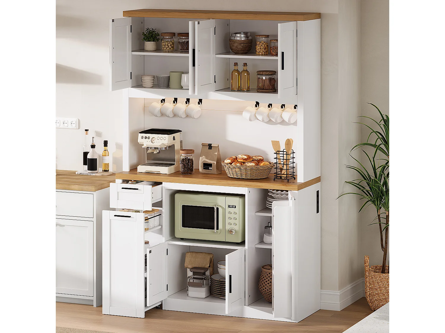 Küchenbuffet 120x40x182cm – mit 7 Türen und 2 Schubladen – mit LED-Beleuchtung – mit Steckdose – Weiß