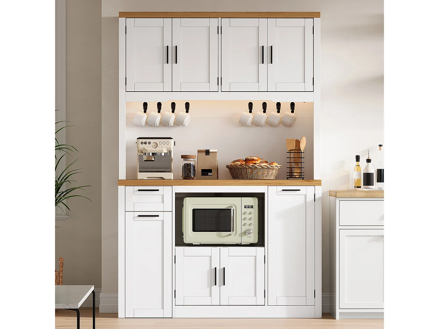 Küchenbuffet 120x40x182cm – mit 7 Türen und 2 Schubladen – mit LED-Beleuchtung – mit Steckdose – Weiß