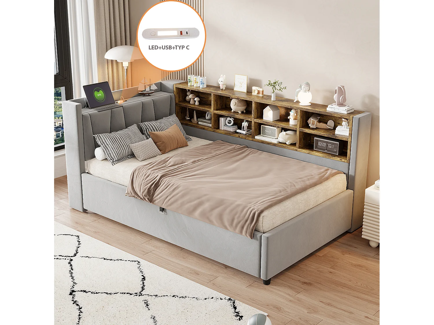 Sofa bed 90x200 cm with storage – With lighting – With USB and Type-C charging ports – With storage compartments – Light gray (mattress not included)