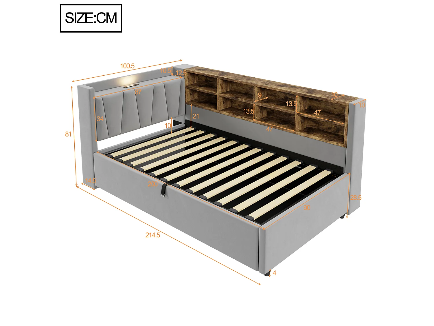 Sofa bed 90x200 cm with storage – With lighting – With USB and Type-C charging ports – With storage compartments – Light gray (mattress not included)