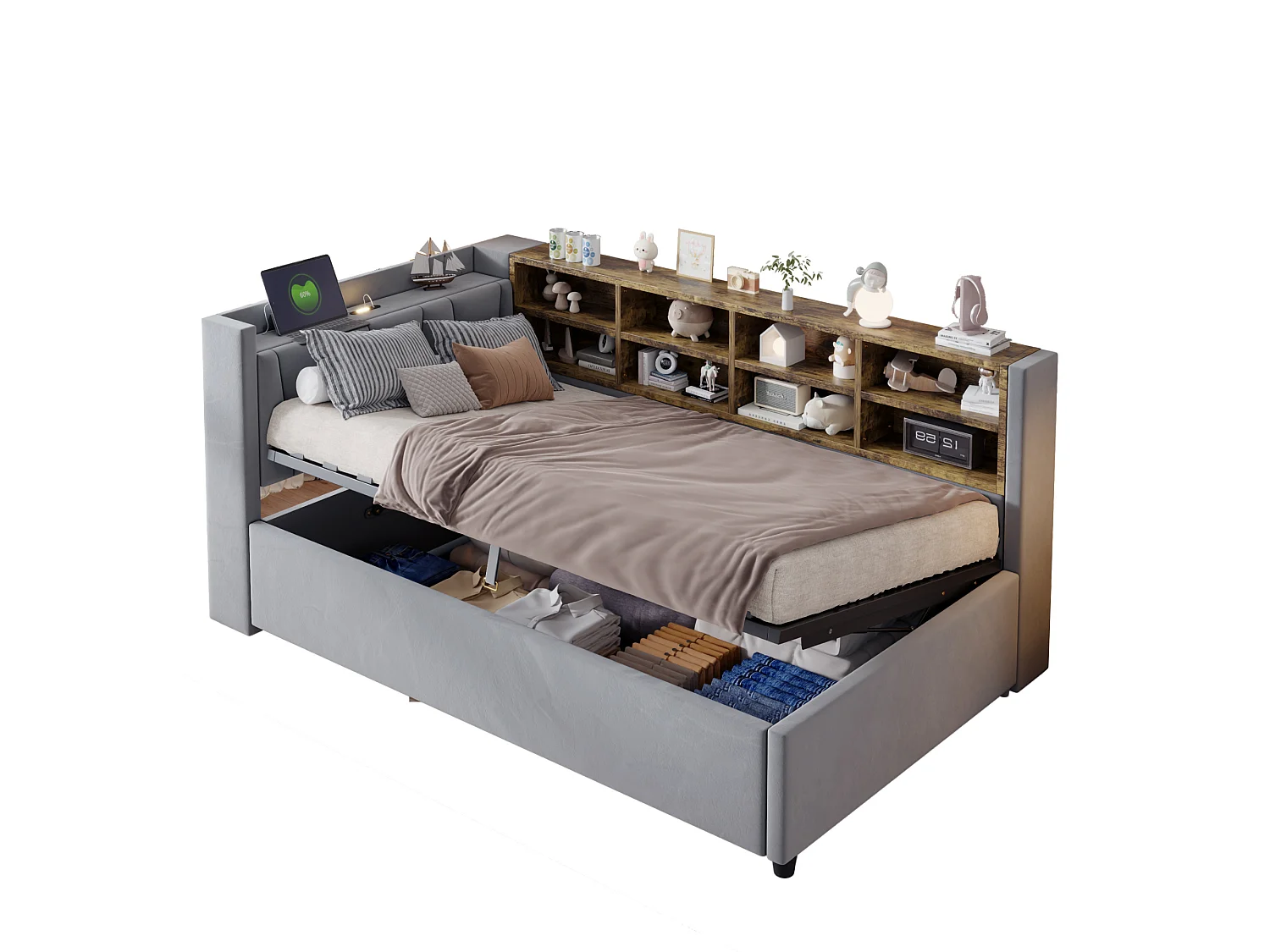 Sofa bed 90x200 cm with storage – With lighting – With USB and Type-C charging ports – With storage compartments – Light gray (mattress not included)