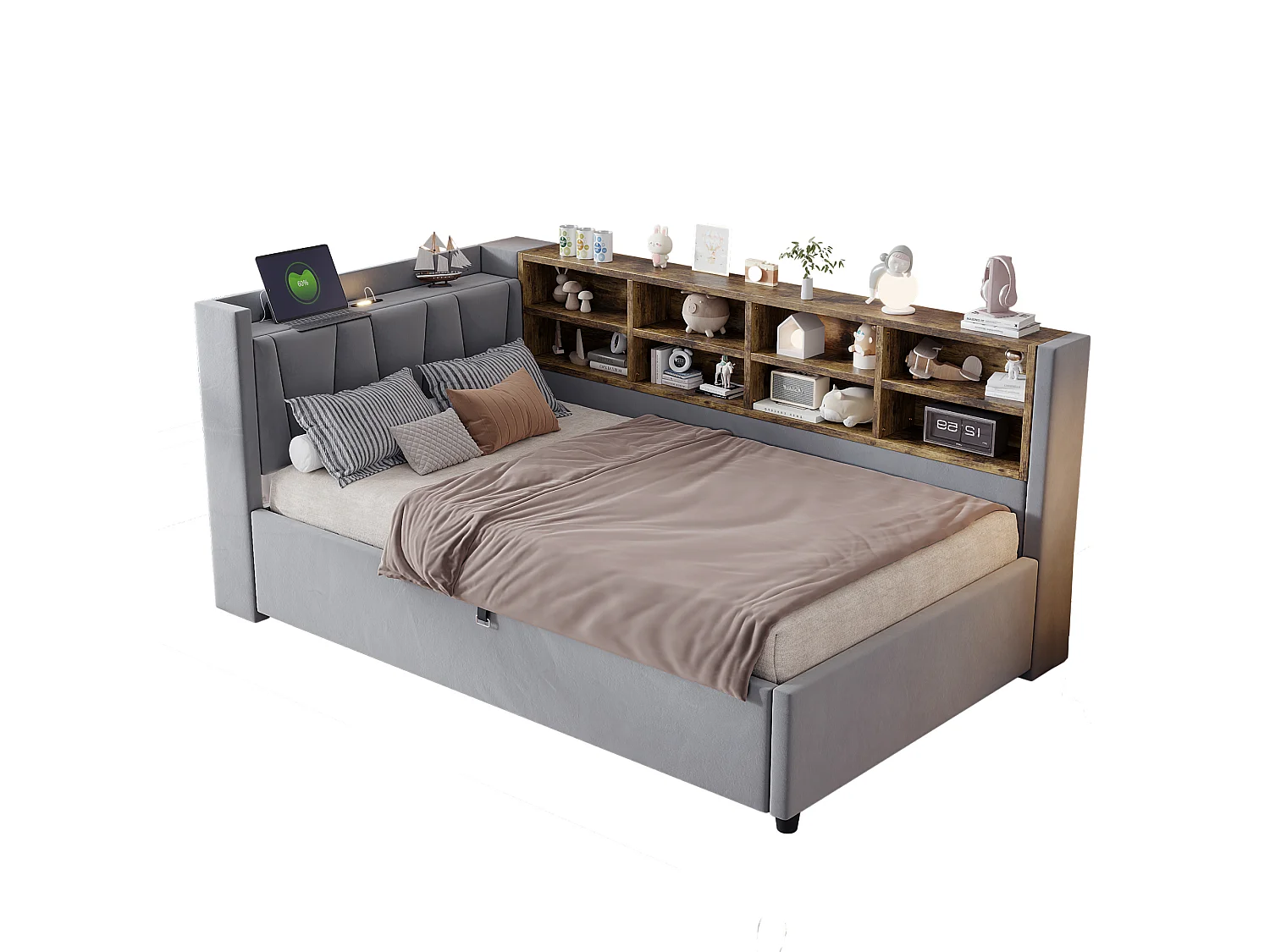 Sofa bed 90x200 cm with storage – With lighting – With USB and Type-C charging ports – With storage compartments – Light gray (mattress not included)