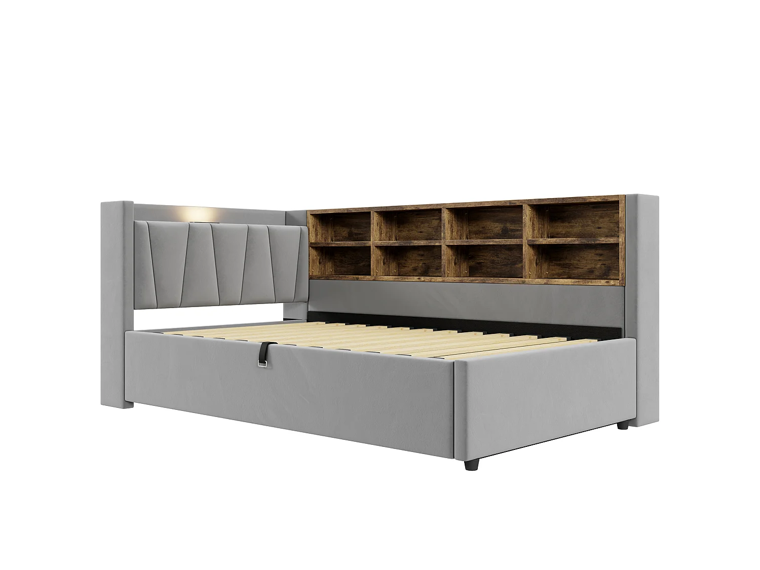 Sofa bed 90x200 cm with storage – With lighting – With USB and Type-C charging ports – With storage compartments – Light gray (mattress not included)