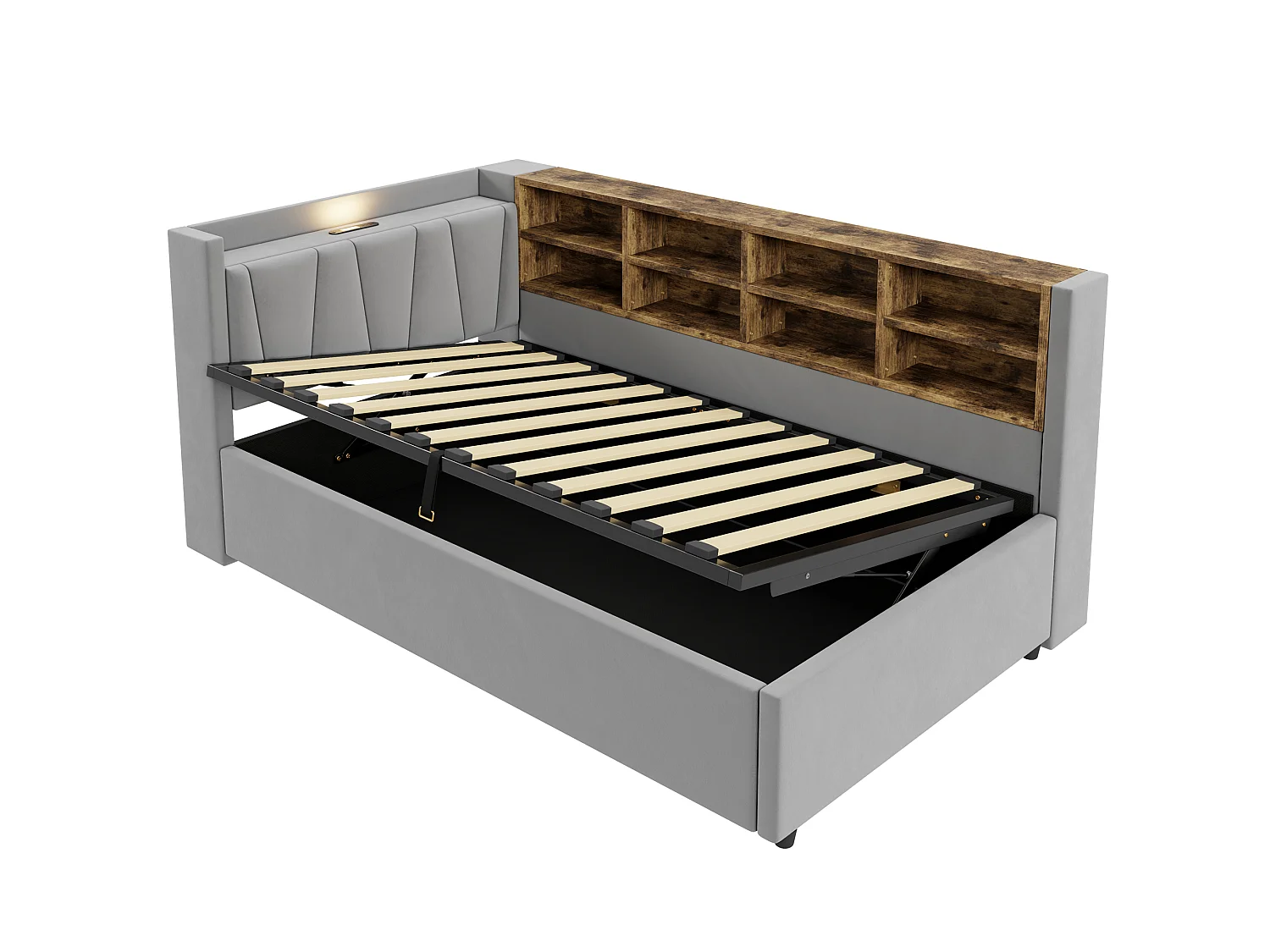 Sofa bed 90x200 cm with storage – With lighting – With USB and Type-C charging ports – With storage compartments – Light gray (mattress not included)