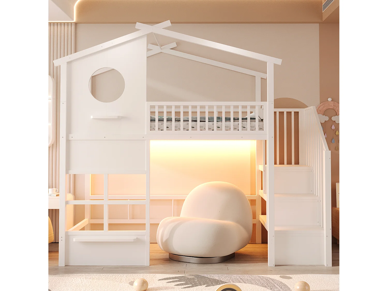 Lit mezzanine 90 x 200 cm - avec éclairage LED - avec escalier - blanc (matelas non inclus)