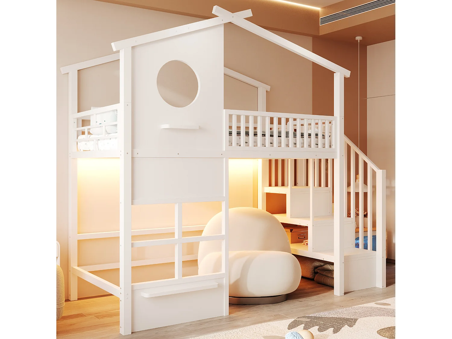 Lit mezzanine 90 x 200 cm - avec éclairage LED - avec escalier - blanc (matelas non inclus)