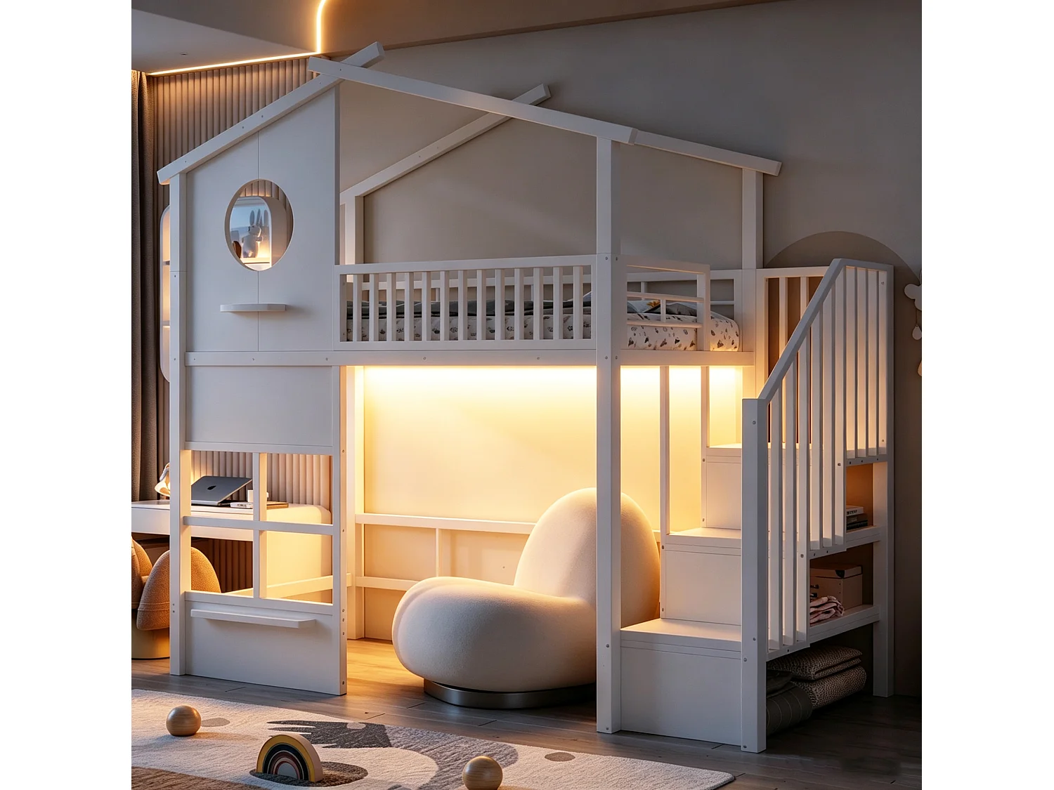 Lit mezzanine 90 x 200 cm - avec éclairage LED - avec escalier - blanc (matelas non inclus)