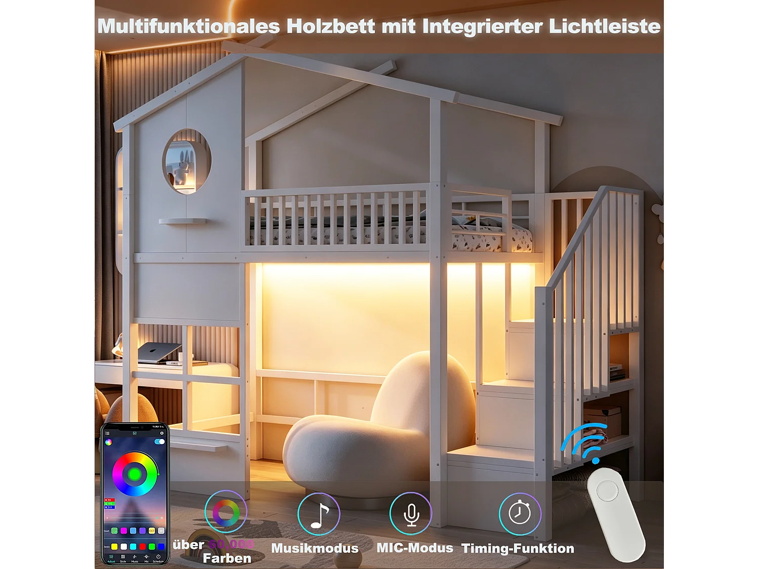 Lit mezzanine 90 x 200 cm - avec éclairage LED - avec escalier - blanc (matelas non inclus)