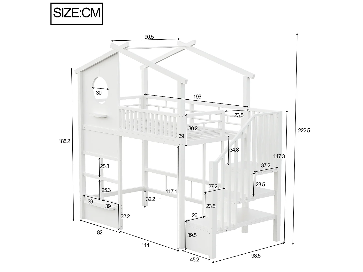 Lit mezzanine 90 x 200 cm - avec éclairage LED - avec escalier - blanc (matelas non inclus)