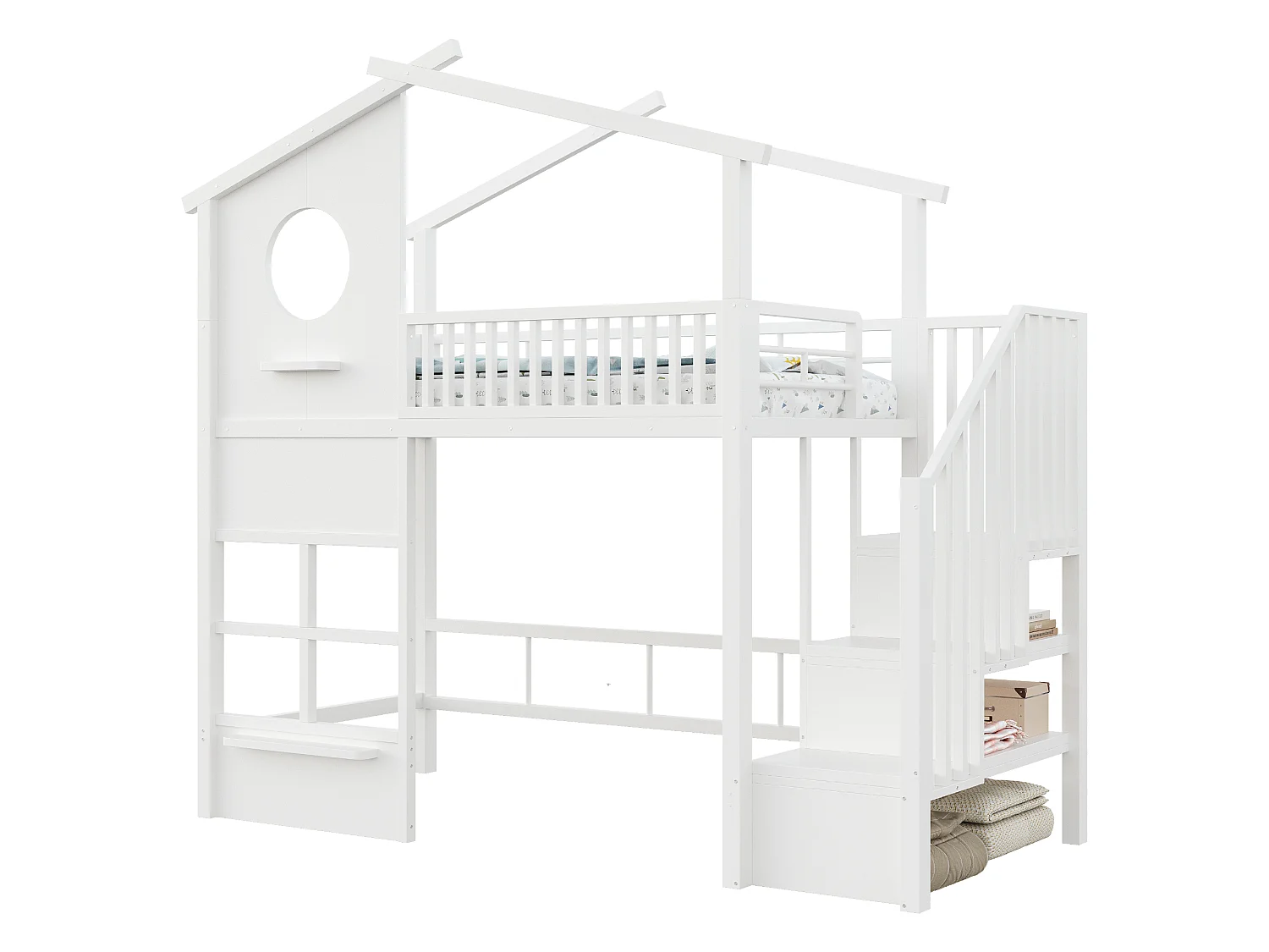 Lit mezzanine 90 x 200 cm - avec éclairage LED - avec escalier - blanc (matelas non inclus)
