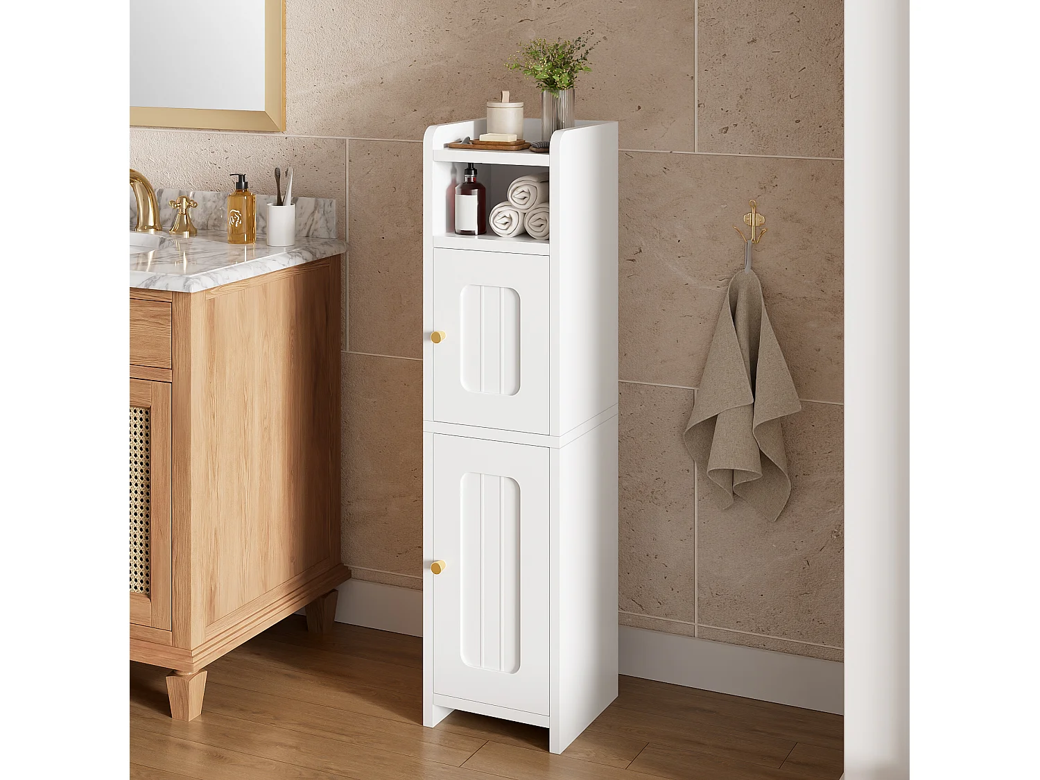 Columna de baño - con 2 puertas, estantes ajustables y tirador de metal - Blanco