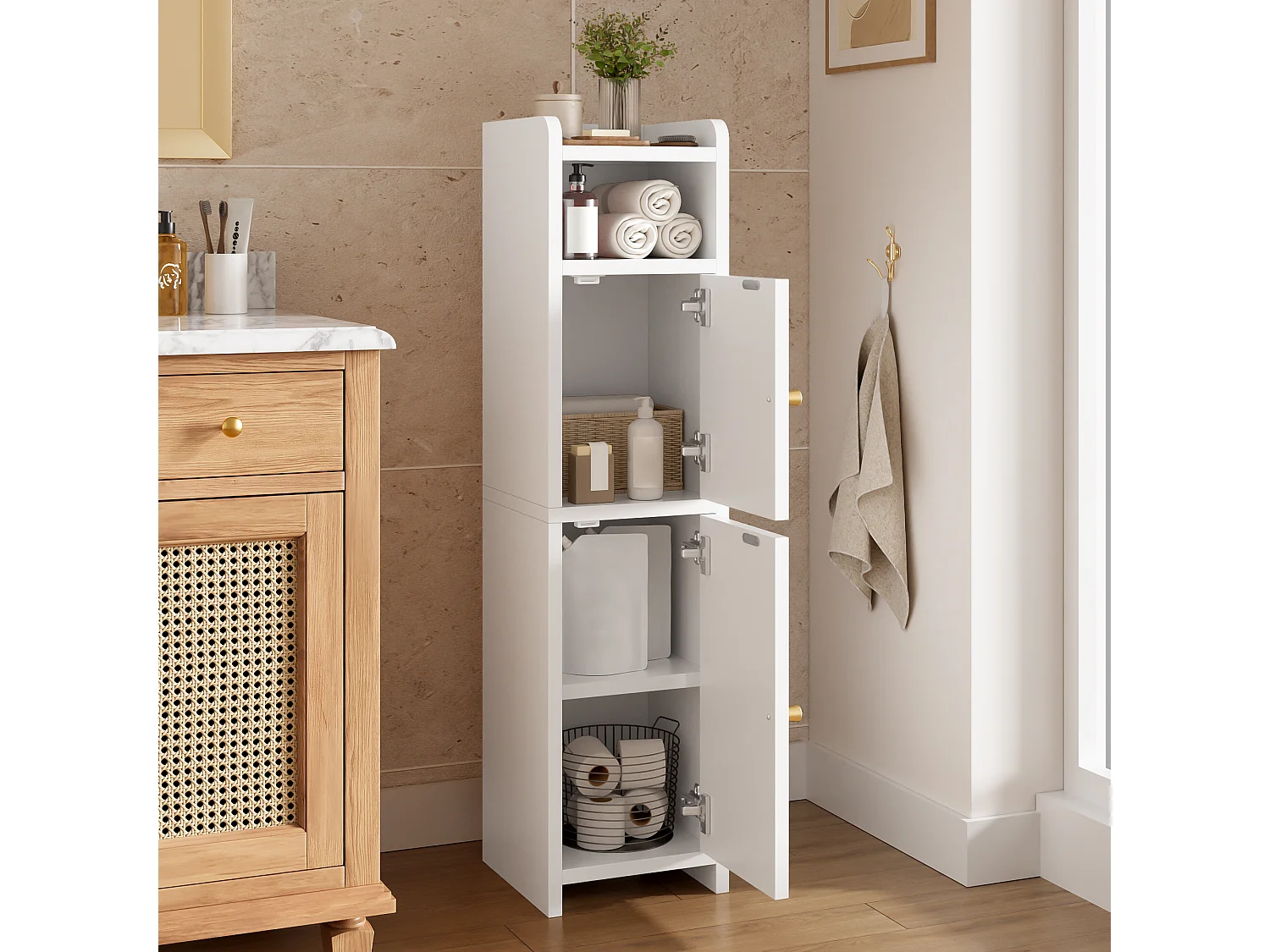 Columna de baño - con 2 puertas, estantes ajustables y tirador de metal - Blanco