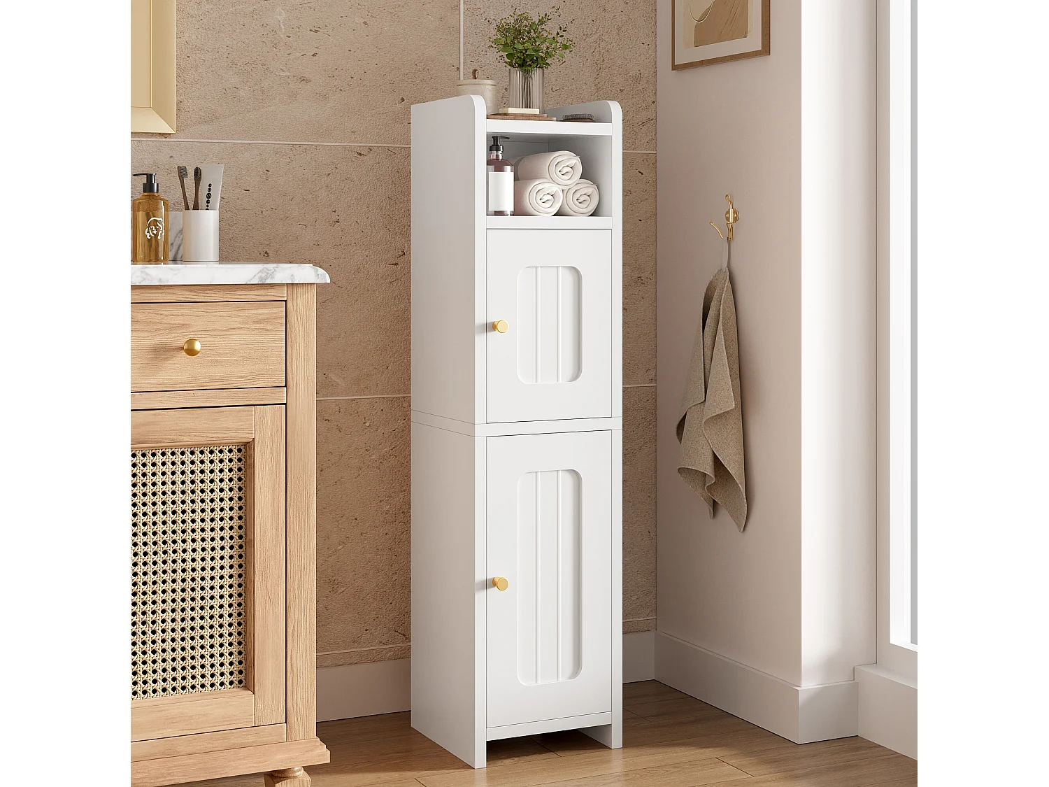 Columna de baño - con 2 puertas, estantes ajustables y tirador de metal - Blanco