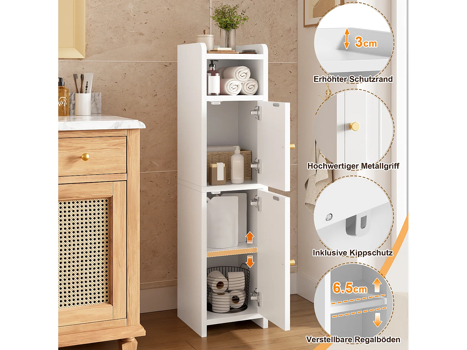 Columna de baño - con 2 puertas, estantes ajustables y tirador de metal - Blanco