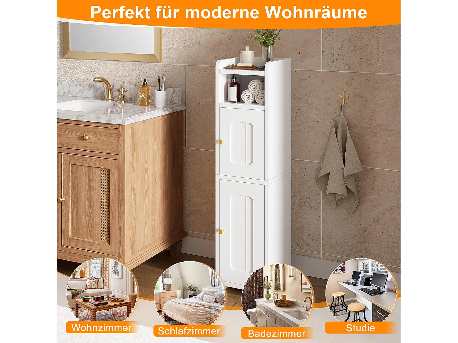Columna de baño - con 2 puertas, estantes ajustables y tirador de metal - Blanco