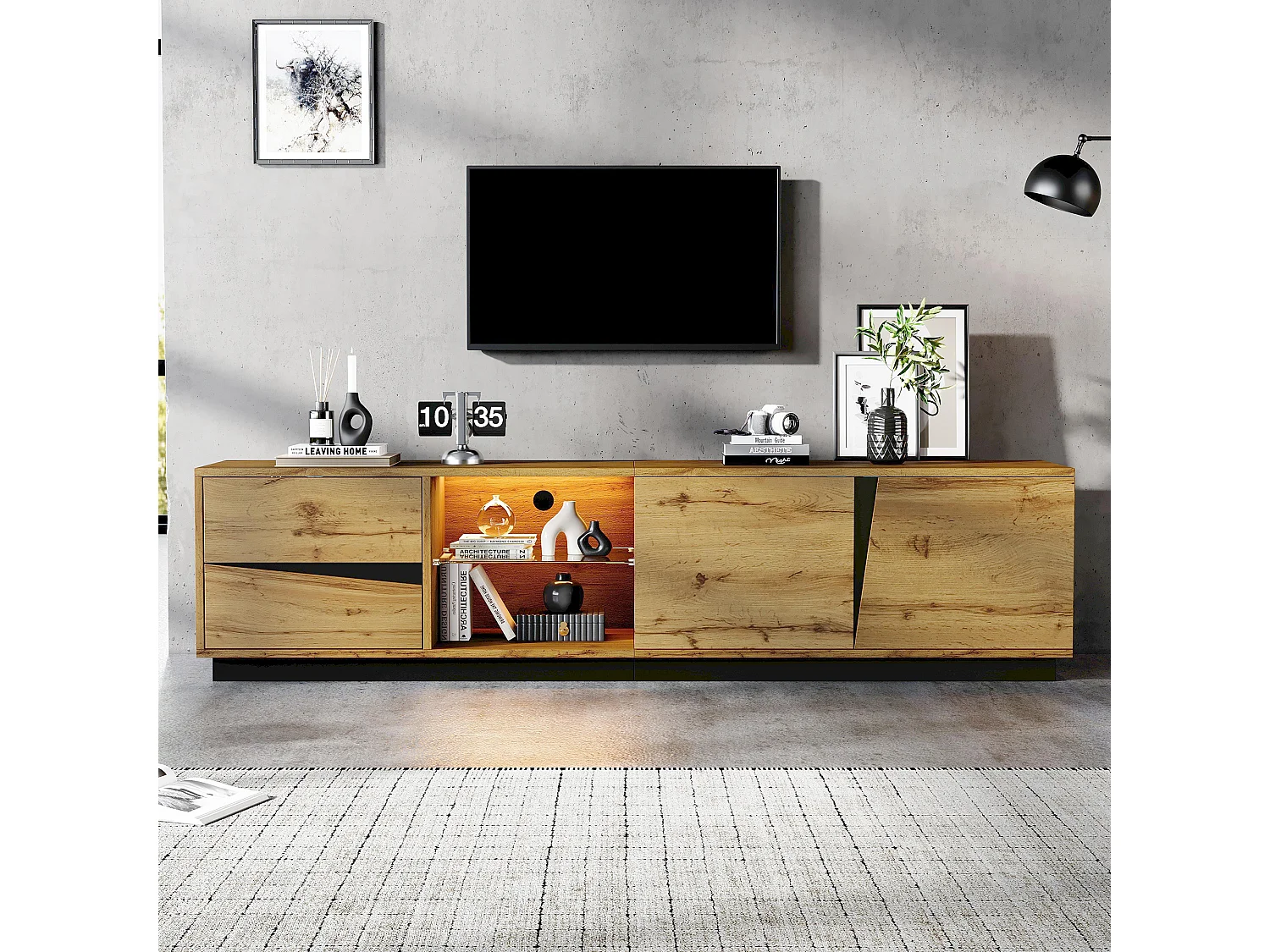 TV-Schrank 180x35x45 cm mit LED-Beleuchtung - 2 Schubladen, 2 Schranktüren, Glasregale und offene Fächer - Natur